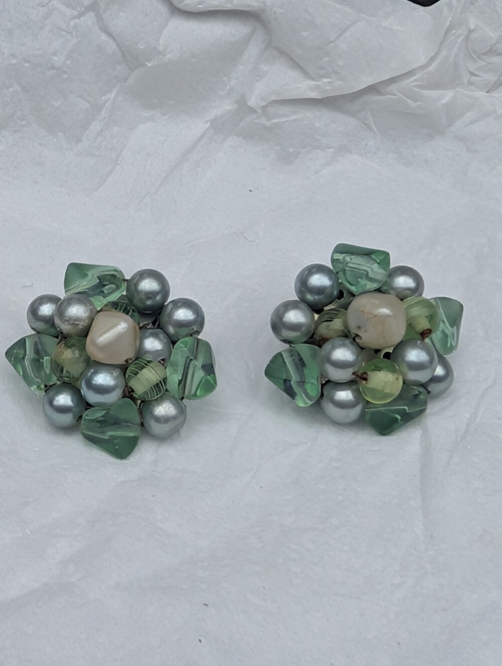 Green Cluster Beaded Earrings Pearl and Bead Earrings 50s